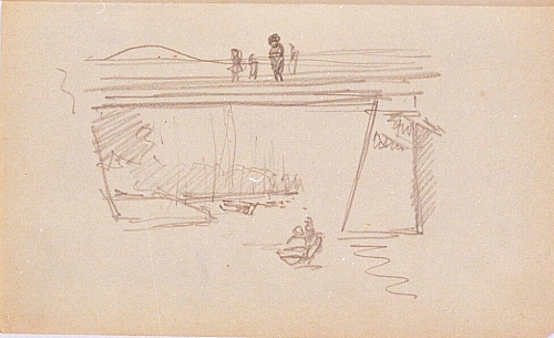 August Kutterer - Skizze einer Brücke mit Passanten und darunter fahrendem Boot