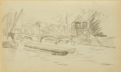 August Kutterer - Skizze einer Stadtkulisse mit Steinbrücke und Booten