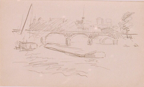 August Kutterer - Skizze einer Stadtkulisse mit Steinbrücke und Booten