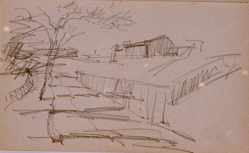 August Kutterer - Skizze eines Weges am Hang mit Häusern auf der Anhöhe