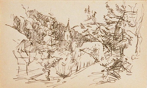 August Kutterer - Skizze eines Dorfes zwischen Hügeln
