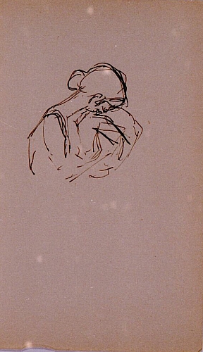 August Kutterer - Skizze einer Frau mit Gesicht in Tuch vergraben, Brustbild im Profil