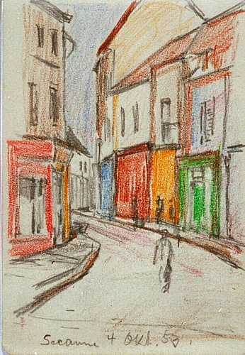 August Kutterer - Skizze einer kleinen Straße mit hohen Häusern und Passanten, Secanne