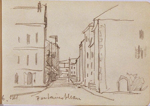 August Kutterer - Skizze einer kleinen Straße mit hohen Häusern, Fontainbleau