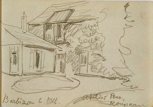 August Kutterer - Skizze einer Häuserecke mit kleinem Vorplatz, Barbizon