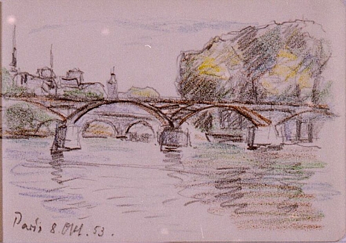 August Kutterer - Skizze einer Steinbogenbrücke über einen breiten Fluss, Seine in Paris