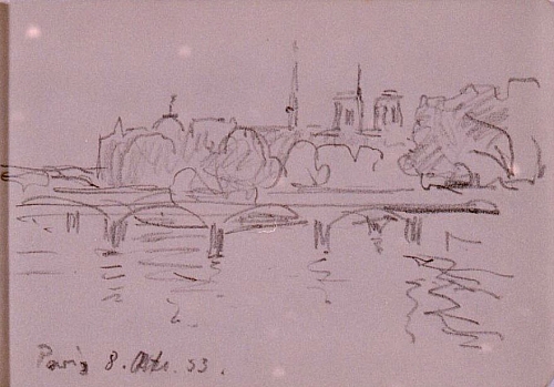 August Kutterer - Skizze einer Steinbogenbrücke über einen breiten Fluss, Seine in Paris
