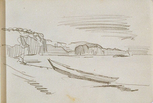 August Kutterer - Skizze eines Ruderbootes am Strand mit Felsenküste im Hintergrund