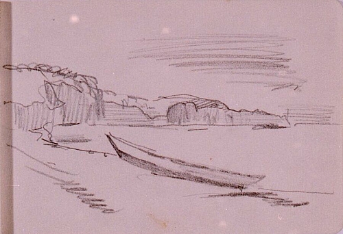 August Kutterer - Skizze eines Ruderbootes am Strand mit Felsenküste im Hintergrund