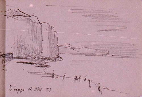 August Kutterer - Skizze eines Strands mit Passanten und Felsenküste, Dieppe