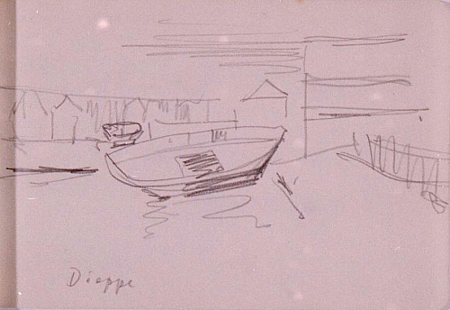 August Kutterer - Skizze eines Ruderbootes an Land mit Häusern im Hintergrund, Dieppe