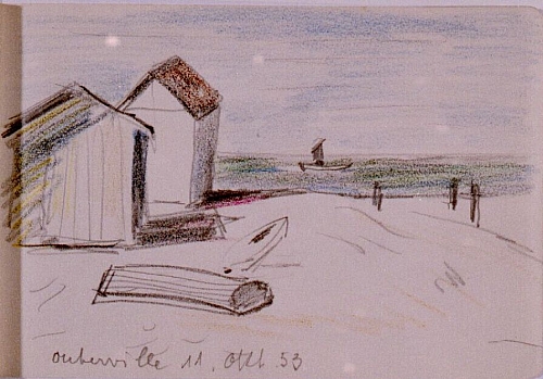 August Kutterer - Skizze zweier Bootshäuser, Booten, Strand und Meer, Ouberville