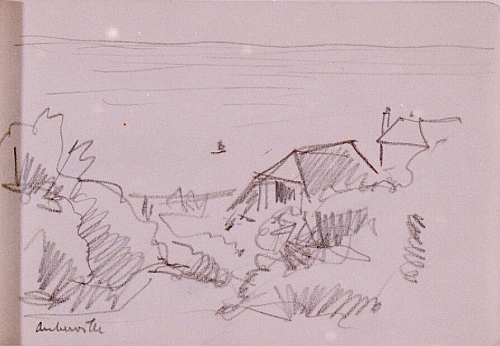 August Kutterer - Skizze mit Düne, Häusern und Meer, Ouberville