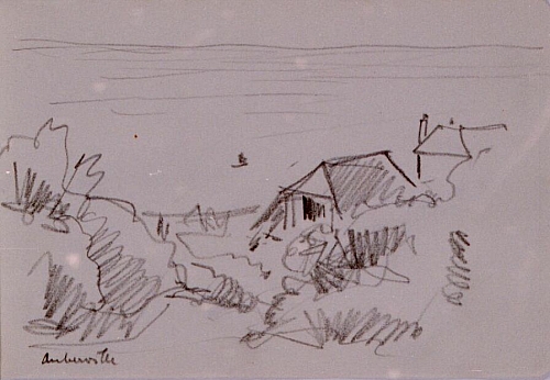 August Kutterer - Skizze mit Düne, Häusern und Meer, Ouberville
