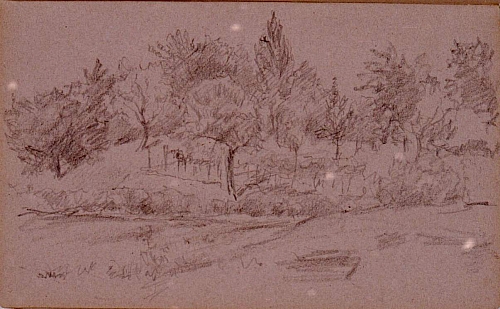 August Kutterer - Skizze einer Landschaft mit Bäumen und Garten