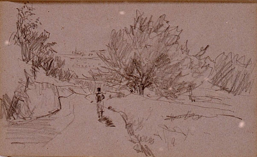 August Kutterer - Skizze eines Feldweg mit Passant zwischen Bäumen