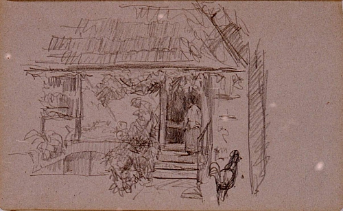 August Kutterer - Skizze eines Hauses mit Garten und Hahn