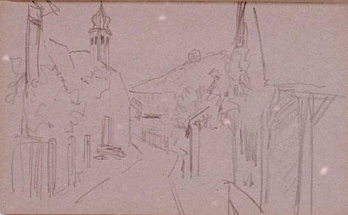 August Kutterer - Skizze einer Dorfstraße mit Kirchturm im Hintergrund