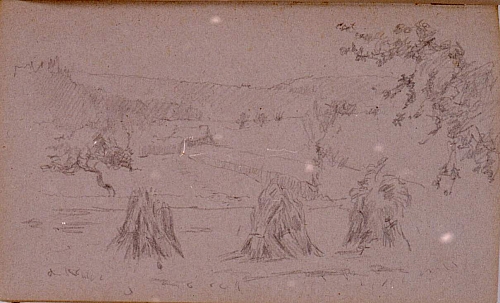 August Kutterer - Skizze einer Landschaft mit Strohballen im Vordergrund