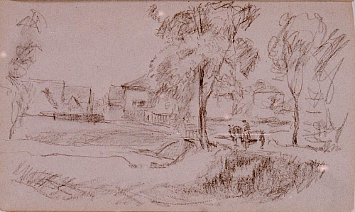 August Kutterer - Skizze eines Dorfrandes mit Feldern und Ochsenkarren