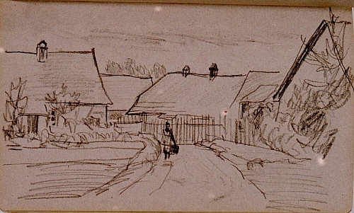 August Kutterer - Skizze einer Dorfstraße mit Passantin