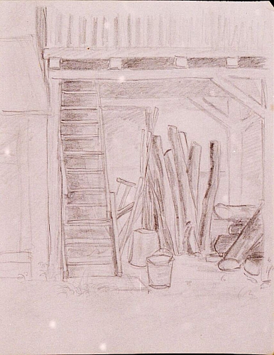 August Kutterer - Skizze eines Unterstellplatzes mit Holzstämmen