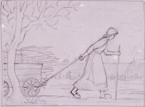 August Kutterer - Skizze einer Bäuerin mit Holzkarren