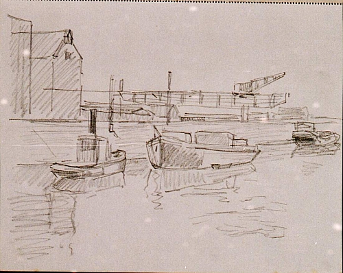 August Kutterer - Skizze eines Industriehafens mit Booten, Karlsruhe Rheinhafen