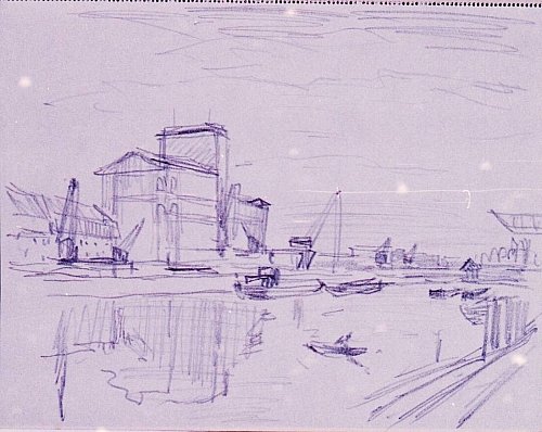 August Kutterer - Skizze eines Industriehafen mit Booten, Karlsruhe Rheinhafen