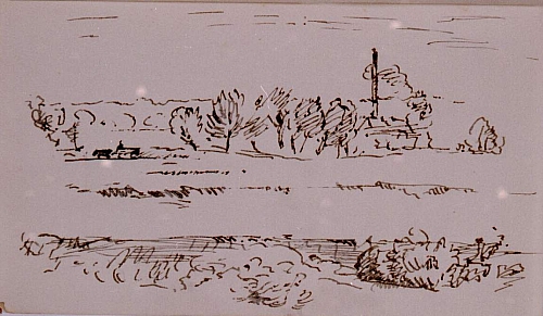 August Kutterer - Skizze mit Feldern und einer kleinen Fabrik, Ziegelei, Daxlanden
