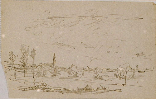 August Kutterer - Skizze Landschaft mit Feldern, Dorf im Hintergrund, Daxlanden