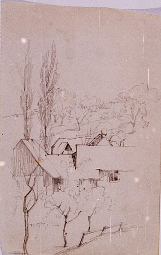 August Kutterer - Skizze eines Dorfes in Landschaft