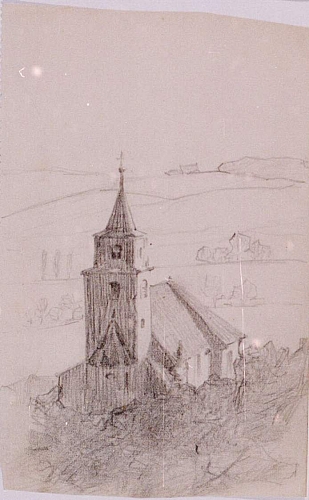August Kutterer - Skizze einer Kirche mit Landschaft