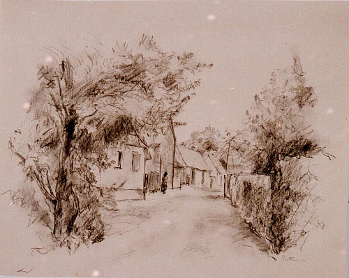 August Kutterer - Dorfeingang, kleine Straße mit Bauernhäusern