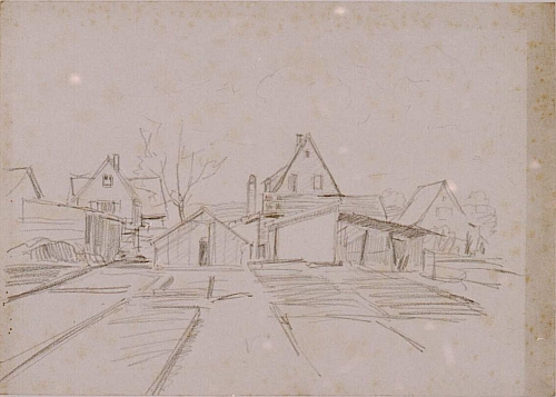 August Kutterer - Bauernhäuser mit Schuppen und Gewächshaus, im Vordergrund Beete, Gärtnerei