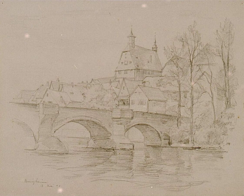 August Kutterer - kleine Stadt an einem Fluss mit Steinbogenbrücke