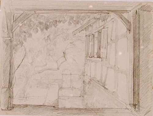 August Kutterer - Blick aus dem Fenster eines Fachwerkhauses mit Garten