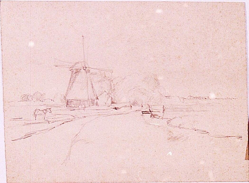 August Kutterer - Landschaft mit Windmühle und Kuh, Skizze