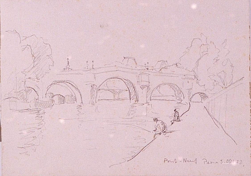 August Kutterer - breiter Fluss mit Brücken und Anglern, Skizze