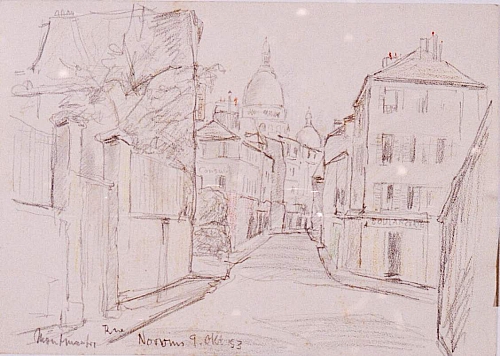 August Kutterer - schmale Straße zwischen hohen Häusern, Paris, Montmartre
