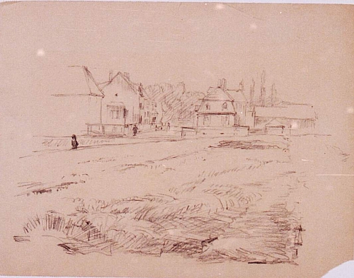 August Kutterer - Felder mit Häusern im Hintergrund