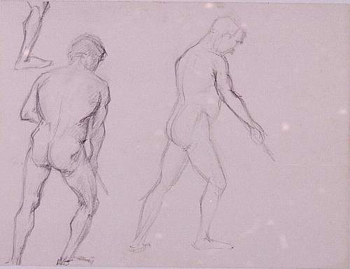 August Kutterer - Studie mit 2 Männerakten im Rücken und im Profil