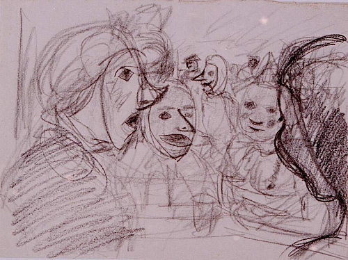 August Kutterer - fröhliche Menschen mit Masken, Skizze