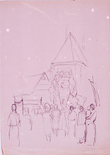 August Kutterer - Menschengruppe vor Kirche und Bauernhaus, Fronleichnnahmsprozession vor der St. Valentinskirche, Daxlanden, Skizze