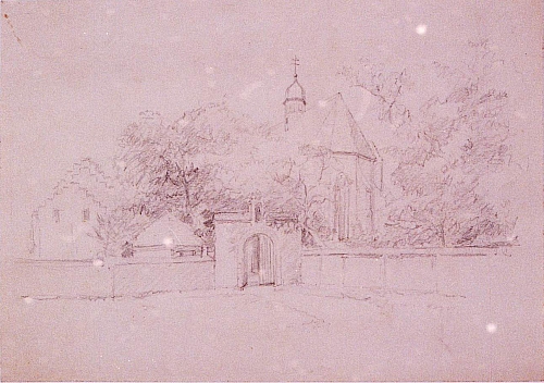 August Kutterer - Kleine Kirche hinter einer Mauer mit Torbogeneingang gelegen