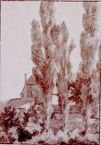 August Kutterer - Hohe Bäume vor Bauernhaus, Blick auf Hochgestade Daxlanden