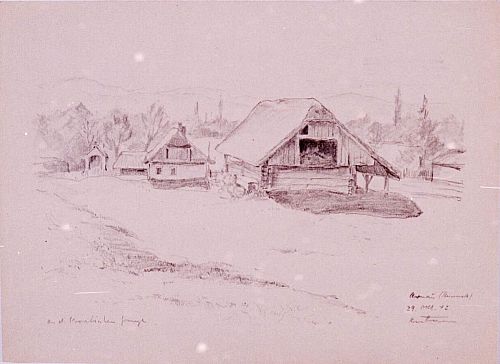 August Kutterer - Landschaft mit Bauernhäusern und Stallungen