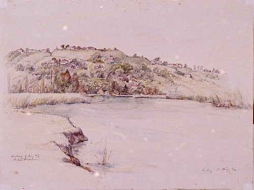 August Kutterer - See mit Hügellandschaft und Dorf auf Hügelkette im Hintergrund