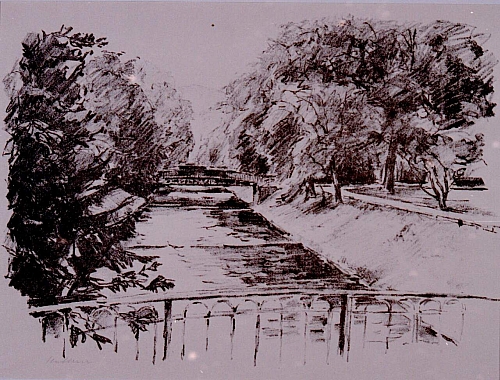 August Kutterer - Flusslauf mit Ufer und Brückenübergängen
