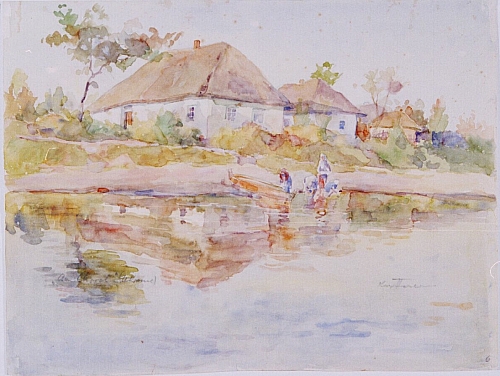 August Kutterer - Am Chorol (Ukraine),Fluss mit Wäscherinnen und Häusern im Hintergrund